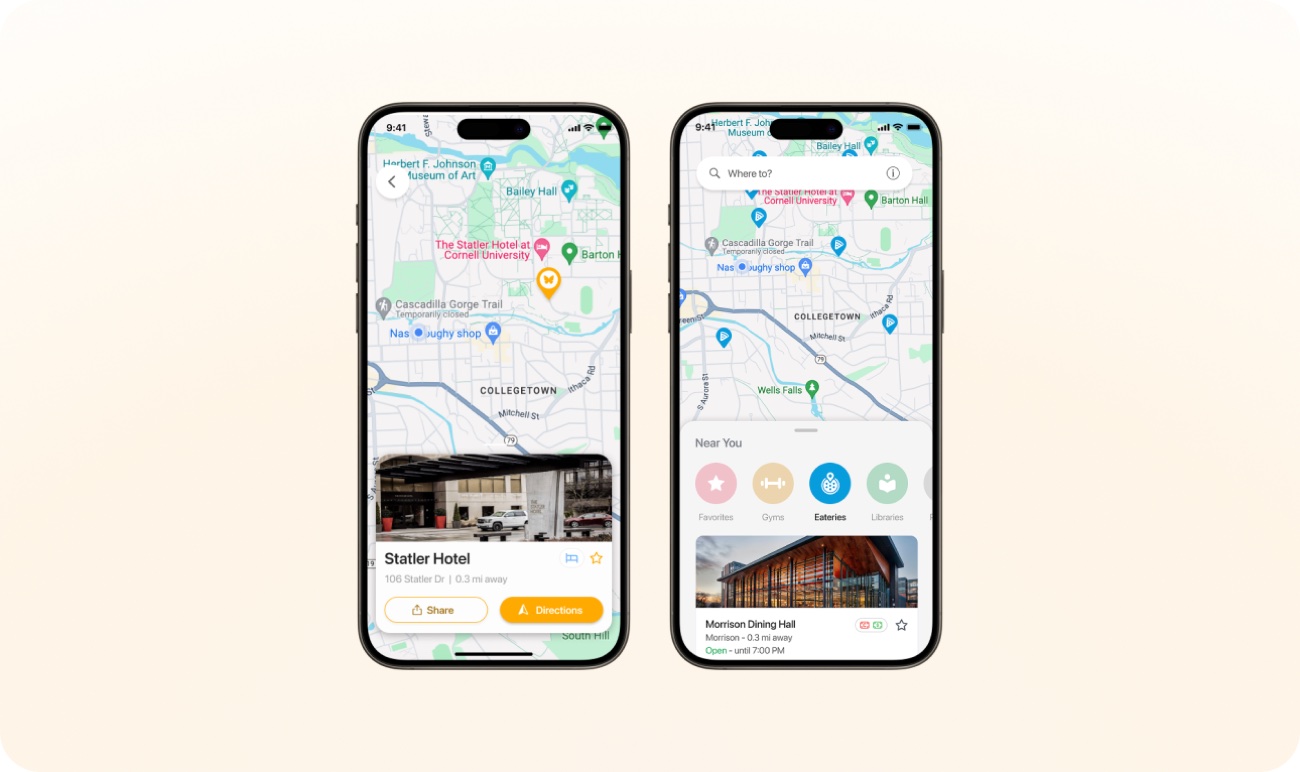 Navi campus map app on a peach background