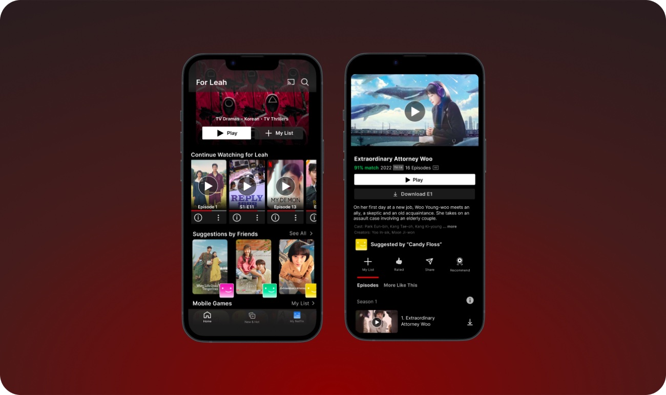 Netflix Friend Recommendations — phone screens on a deep red gradient