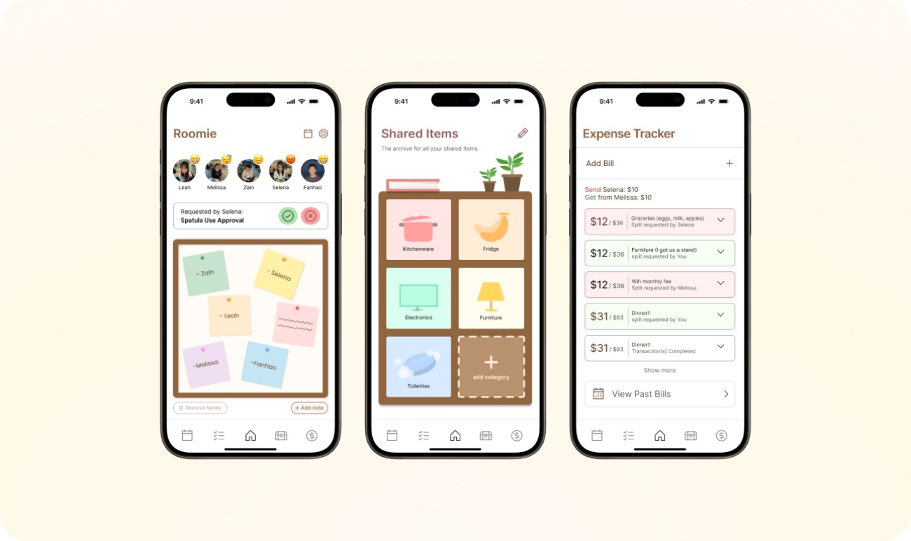 Roomie roommate app screens on a warm yellow background